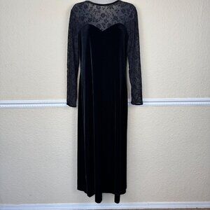 Vintage Black Velvet Maxi Long Dress Sheer Sleeve Whimsigoth Y2K Size 10